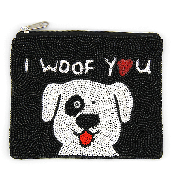 "I Woof You" Dog Seed Bead Coin Purse – Black