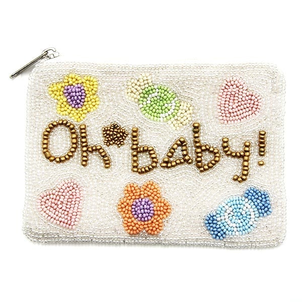 Oh Baby Seed Bead Coin Pouch – White