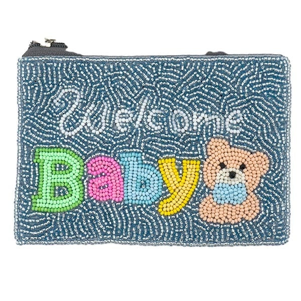 "Welcome Baby" Seed Bead Coin Purse Blue