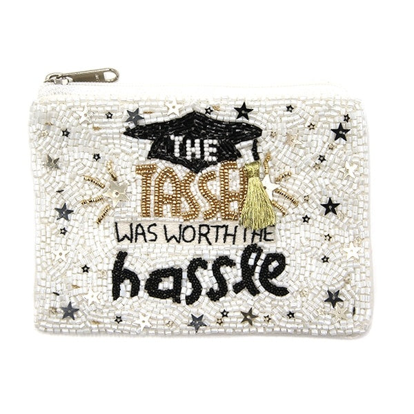 The Tassel Was Worth the Hassle Seed Bead Coin Purse – White & Gold