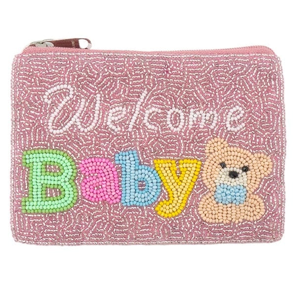 "Welcome Baby" Seed Bead Coin Purse Pink